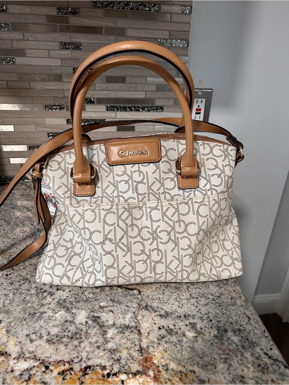 Calvin Klein Cream & Tan Logo leather Satchel Bag